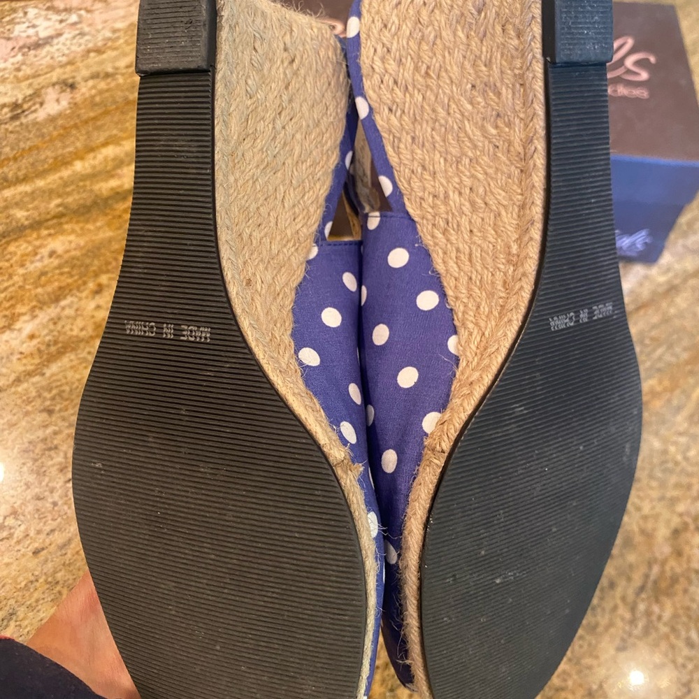 Blue and White Polka Dot Espadrille Wedge Slingbacks Open Toe ROSE PETALS 8.5 - Picture 3 of 5